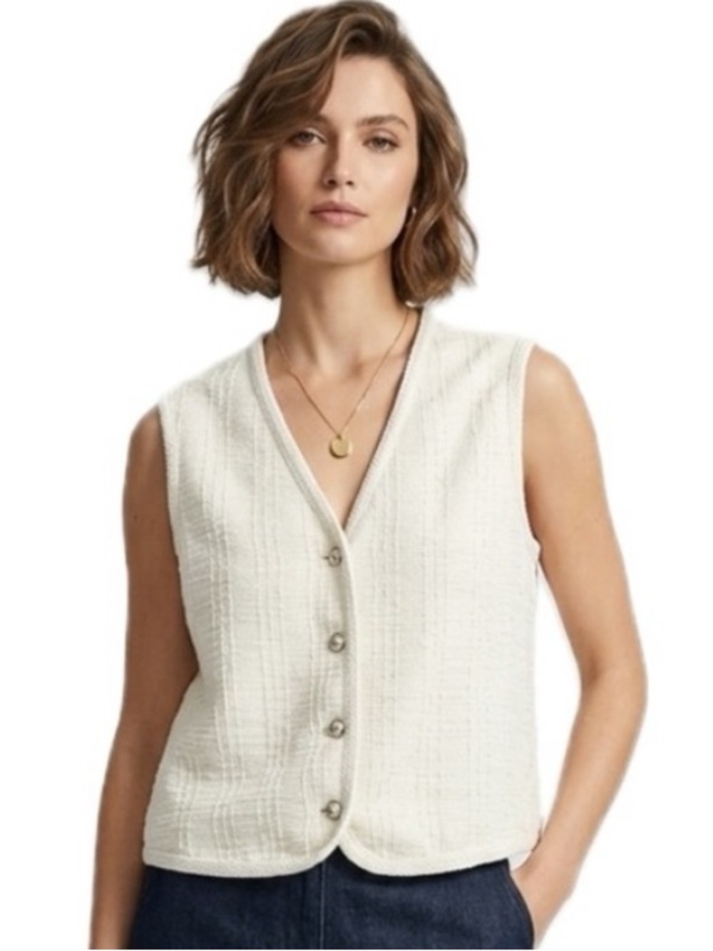 Adrianna Papell Cream Textured Tweed Pearl-Button Vest Top Silver Pearl Buttons